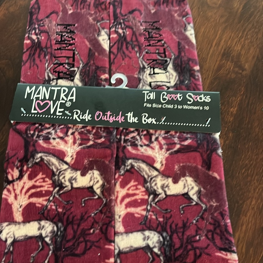 Mantra, love, tall horse, boot socks